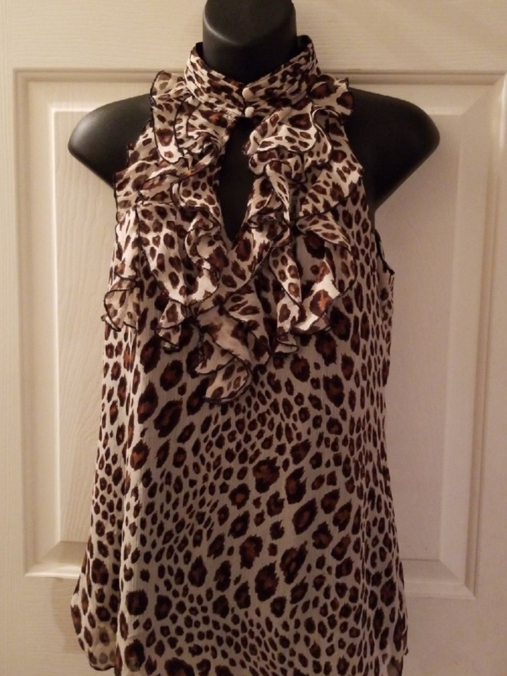 Spense Leopard Ruffle Halter Camisole - Brown/Black/Cream